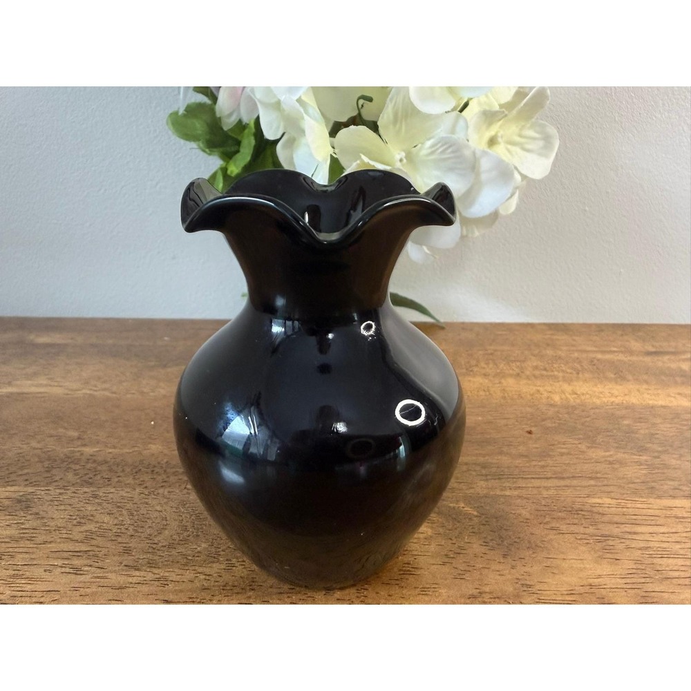 Vintage Black Amethyst Glass Vase Ruffled Rim Small Gothic Flower Vase